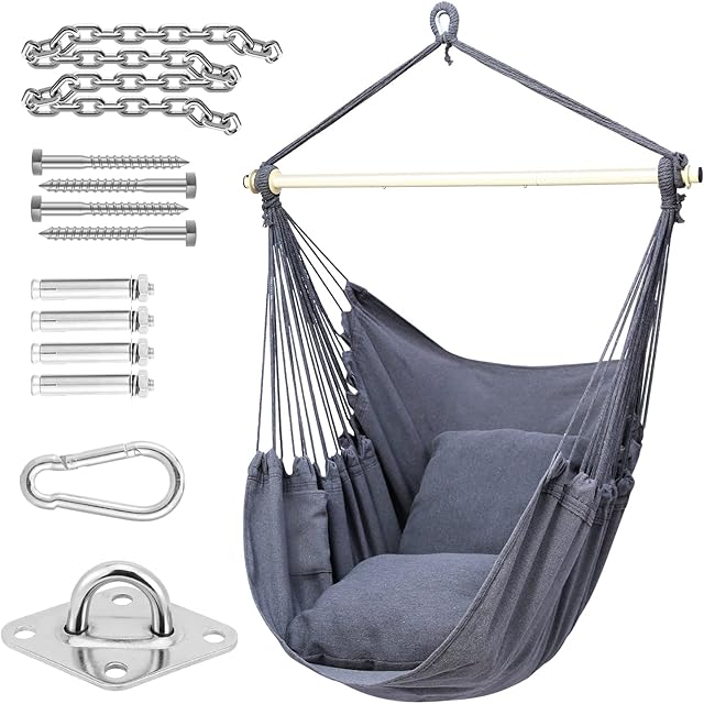Hanging Chair Cotton Swing Chair with Hardwares, Ohuhu XL Portable Hammock Chair with Cushions Installation Kit Detachable Metal Support Bar Side Pocket for Indoor Outdoor Patio, Max Weight 150KG