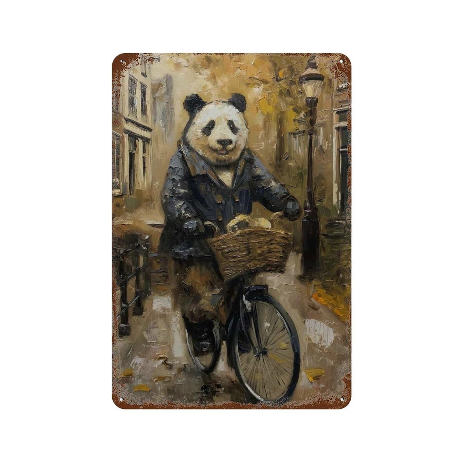 Panda Amsterdam Bicycle Weathered Tin Sign 11.8"x7.9", Classic Wall Plaque for Garage, Bar And Workshop Decor