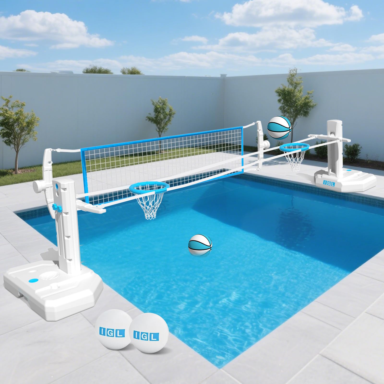 IGL Pool Volleyball Net & Pool Basketball Hoop 2 in 1, Height Adjustable Volleyball Net for Pool, Poolside Basketball Hoop with Fillable Base & Stand, Includes 4 Balls & Pump