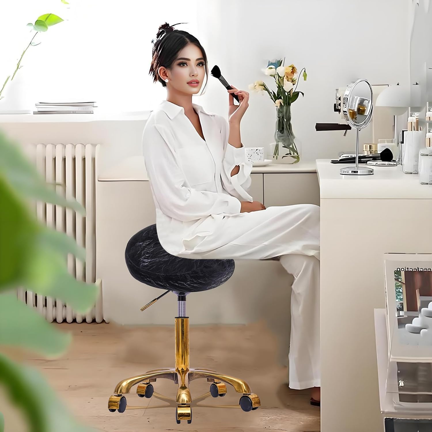 Hzlcmpy saddle stool gold rolling stool, pu leather roller vanity stool, height adjustable stool, pedicure, tattoo, massage, salon spa (black) with wheels Hzlcmpy saddle stool gold rolling stool, pu leather roller vanity stool, height adjustable stool, pedicure, tattoo, massage, salon spa (black) with wheels