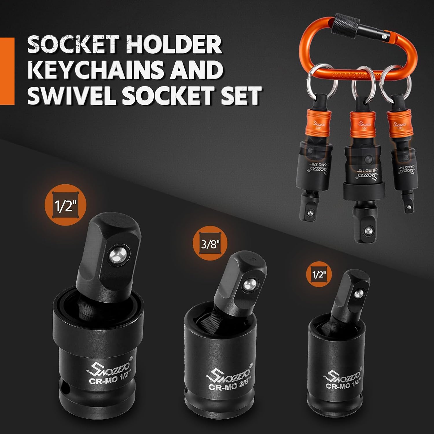 Impact Swivel Socket Set,with Socket Holder Keychains, 1/4”,3/8”,1/2” Universal Joint-Socket,Wobble Socket,360 Degree Rotation, Cr-Mo Steel