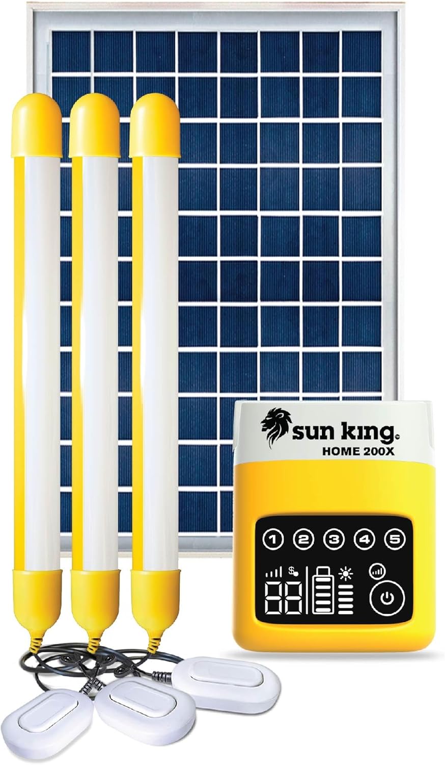Sun King Home 200X complete system with solar panel, battery unit, and three tube lights