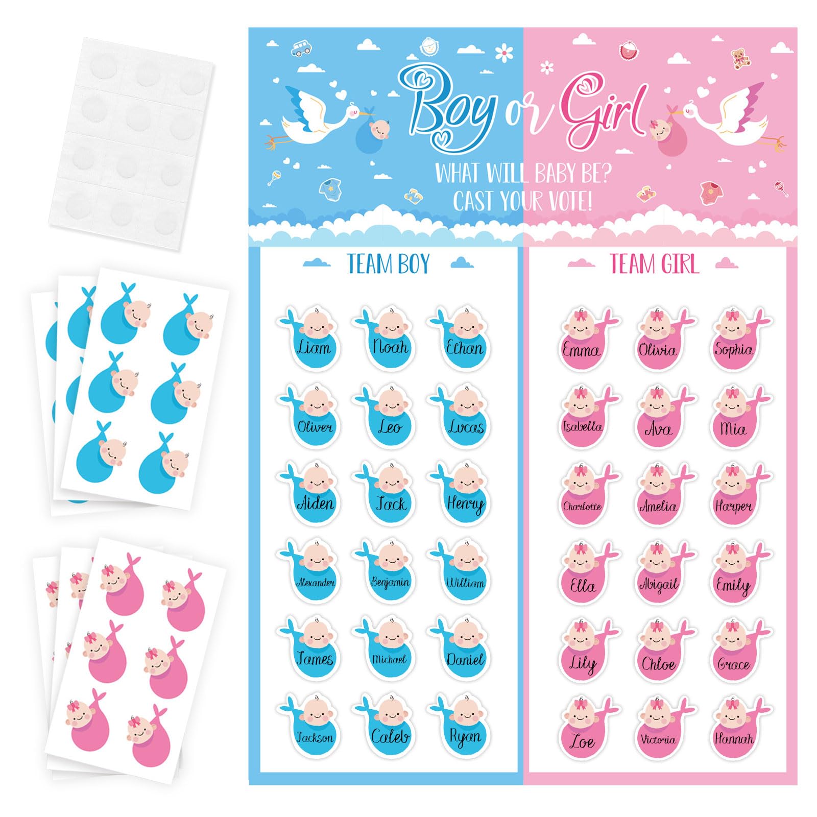Baby Gender Reveal Party Supplies Kit, He or She Photo Props Games Decorations Gender Reveal Poster with 36 Sheets Blue and Pink Circle Voting Stickers for Boy or Girl Game Party Supplies