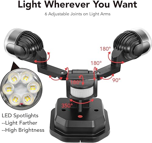 Miniatura 5 de OREiN Luz de seguridad con sensor de movimiento para exteriores, luz LED reflectora de doble cabeza ajustable, 3 modos