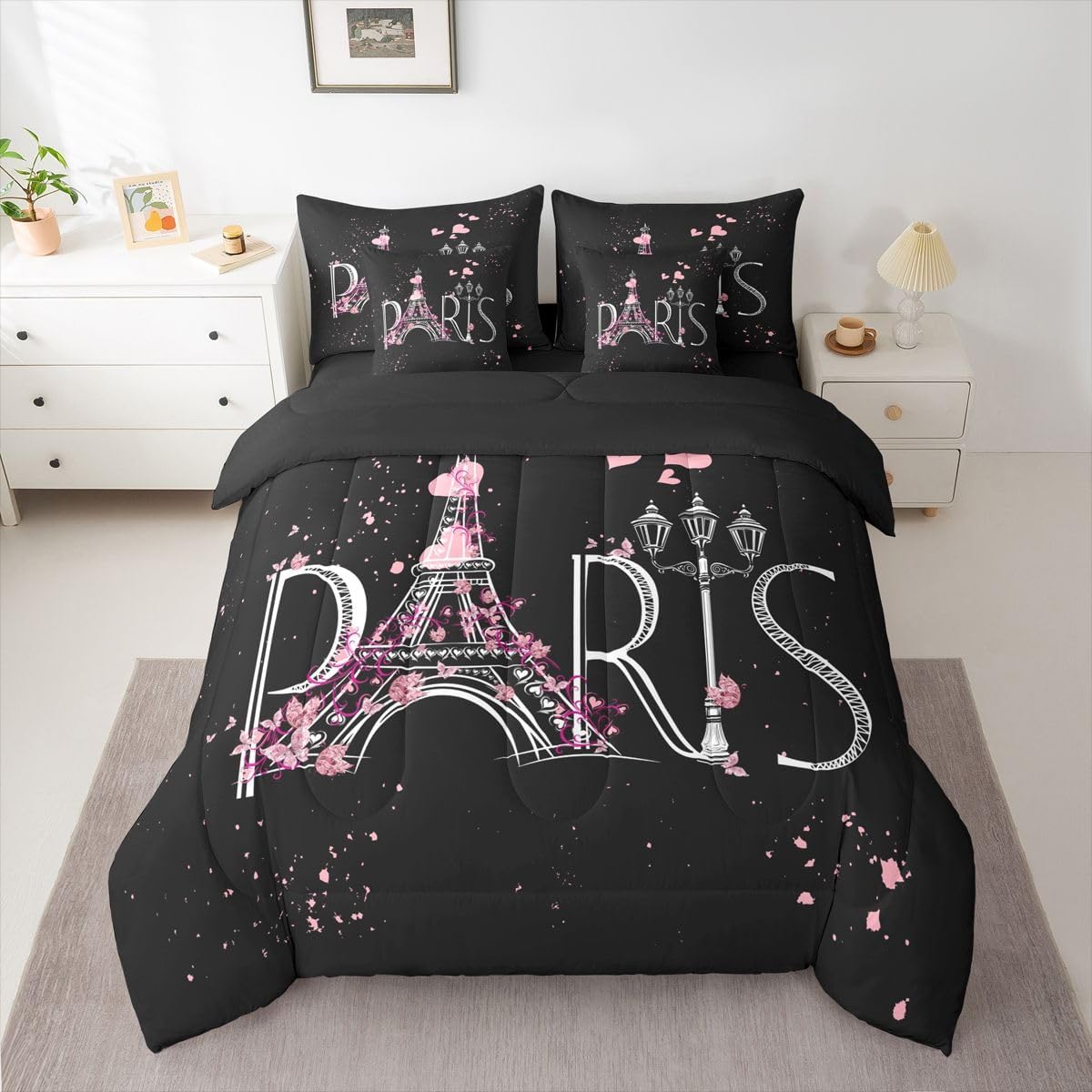 Feelyou Eiffel Tower 7 PCS Comforter Set with Sheets Chic Paris 7 Pieces Bed in a Bag Set Romantic Theme Bed in a Bag for Boys Girls Black Pink Modern French Style Comforter Set with Sheets Queen Size