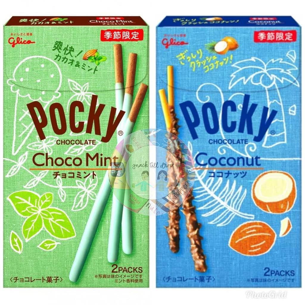JapaneseGlico Chocolate Coconut Pocky (2.54oz. (36g x 2 Packs) x 5 Pieces) + Glico Chocolate Mint Pocky(2.89oz. (41g x 2 Packs) x 5 Pieces) (Total 10 Boxes) - MADE IN JAPAN - Summer Limited Editions
