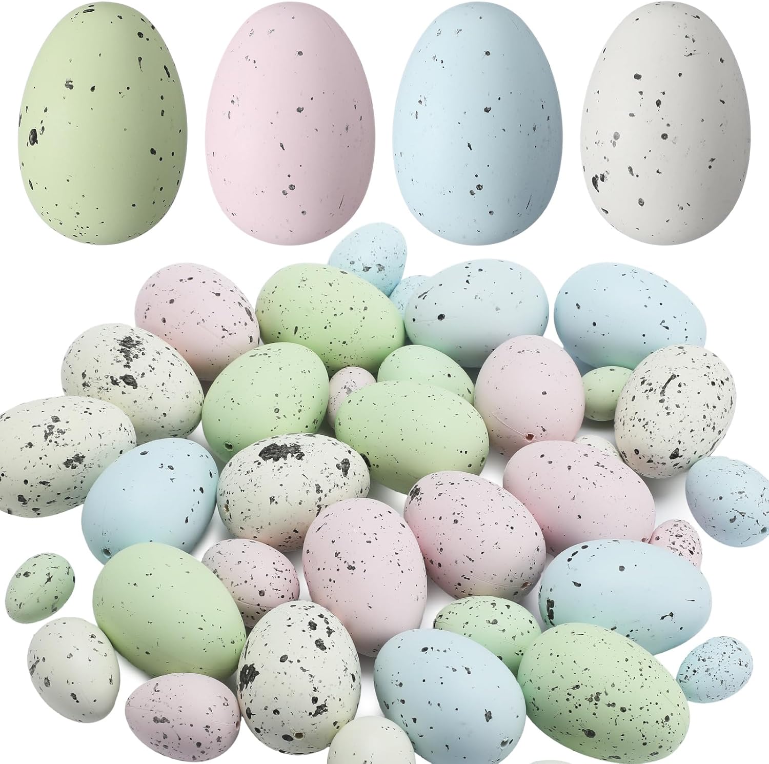 Soulchen 36 Pcs Artificial Bird Eggs Easter Pastel Speckled Eggs Colored Faux Egg for Easter Spring Display DIY Craft Home Bowl Fillers Decoration(Light Pink, Light Blue, Green, White)