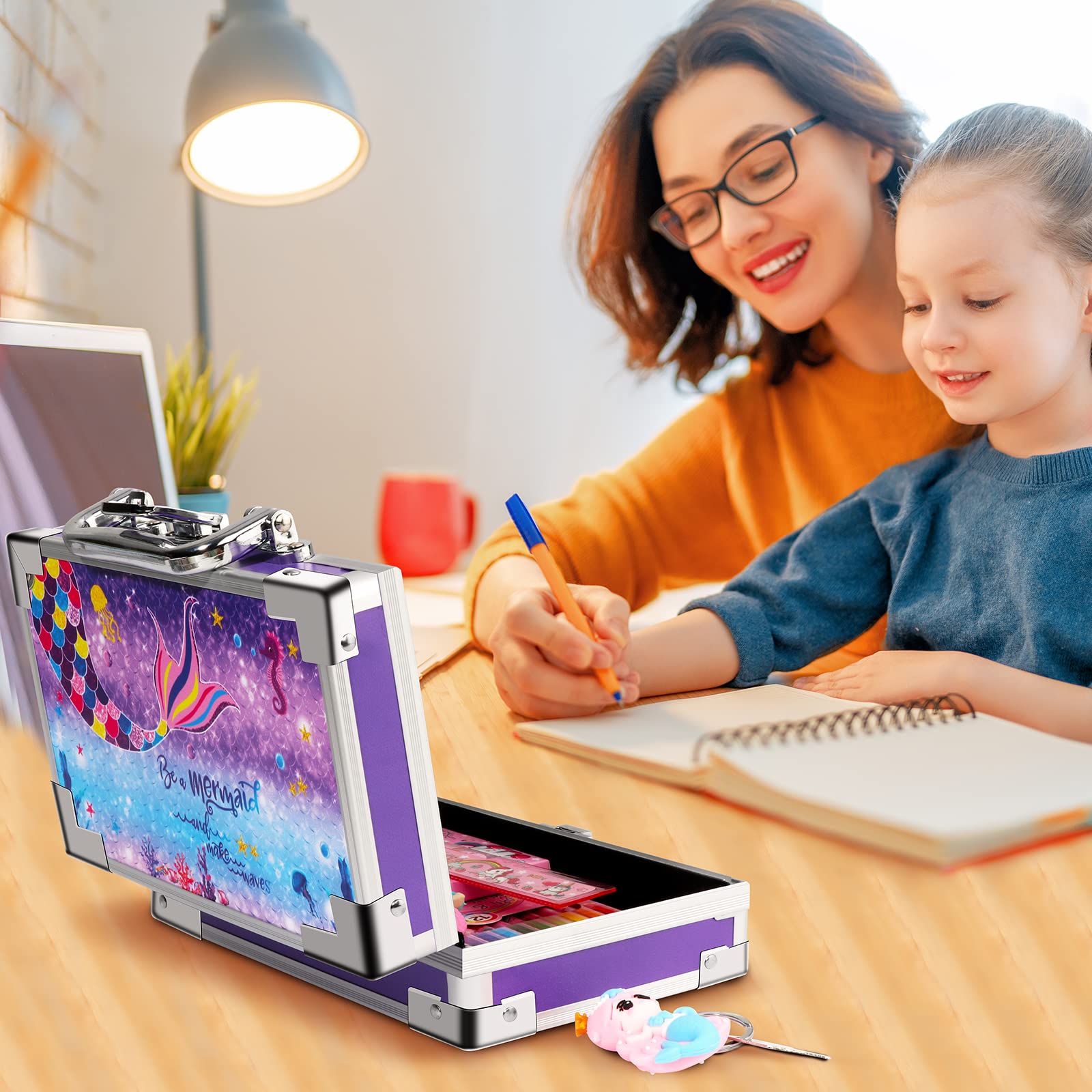 JYPS Mermaid Pencil Case for Kids, Portable Lock Box with Handle and Keychain, Cute Mermaid School Supplies, Back to School Gift for Girls