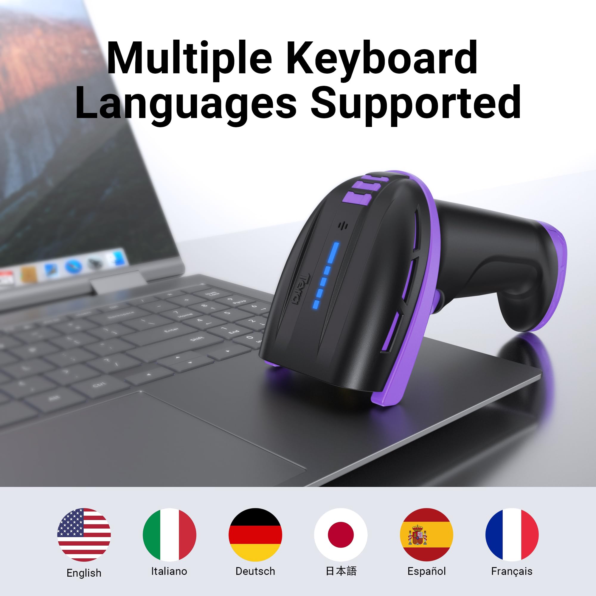 Tera Pro Barcode-Scanner Akku 4400mAh Kabellos 2D QR Bluetooth 2.4G Wireless USB D6100 Lila