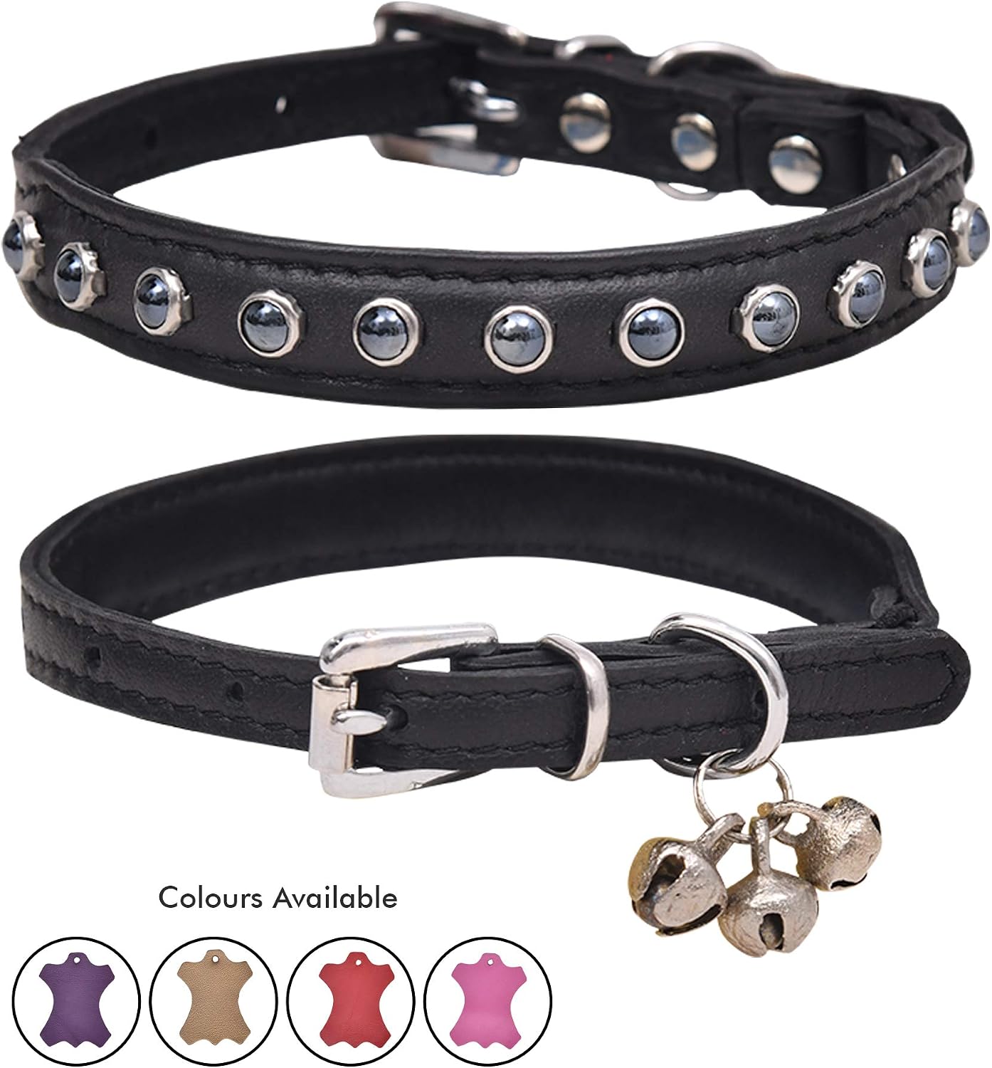 Ultra Soft Real Lamb Leather Glass Black Pearl Studded Cat Collar with Break Away Safety Elastic Embellished with Detachable Handcrafted…