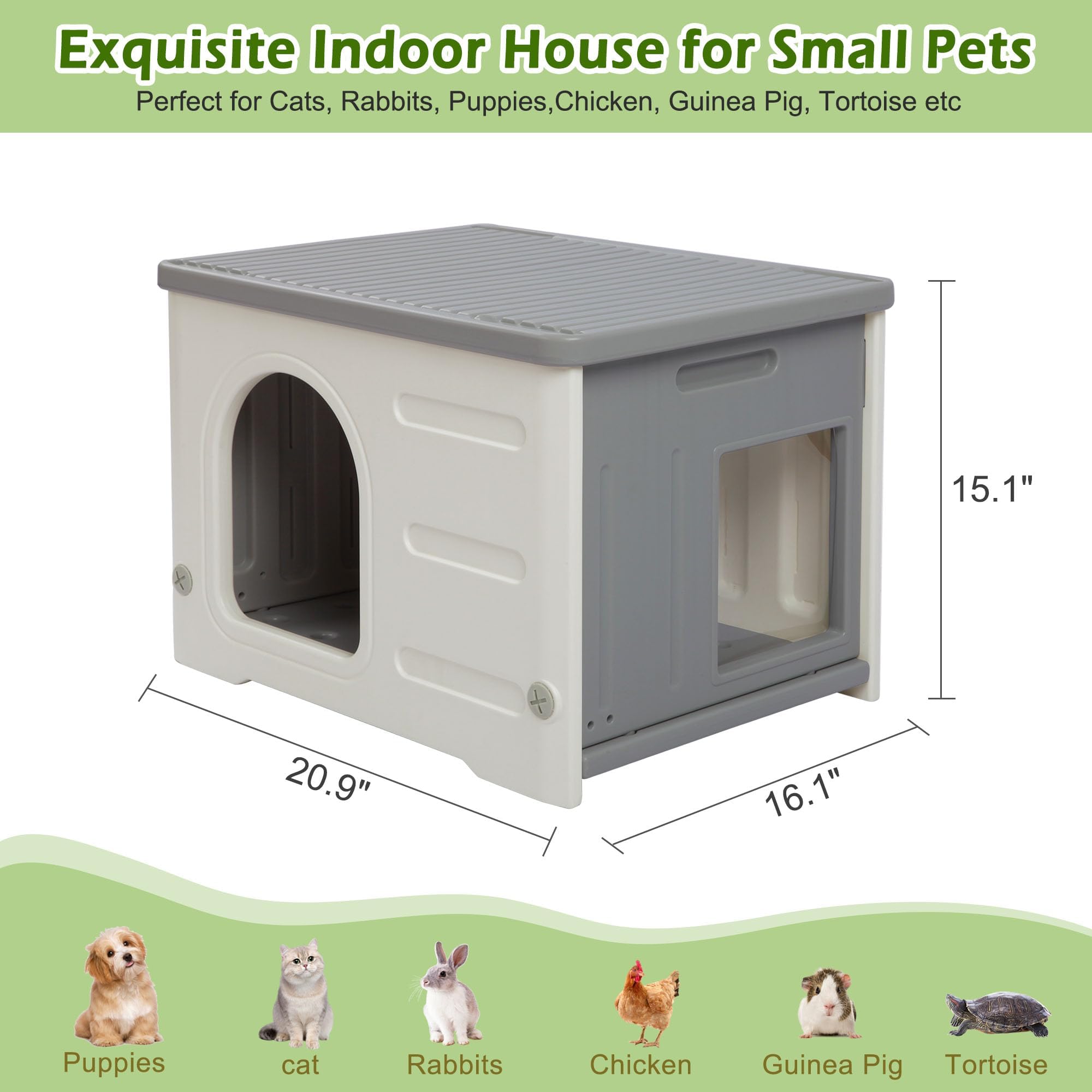 Kunststof kattenhuis voor buiten en binnen, stapelbaar kattenhuisje voor binnen en buiten, geïsoleerd, weerbestendig en waterdicht, verhoogd met kattenvoerbak en kussen (groen