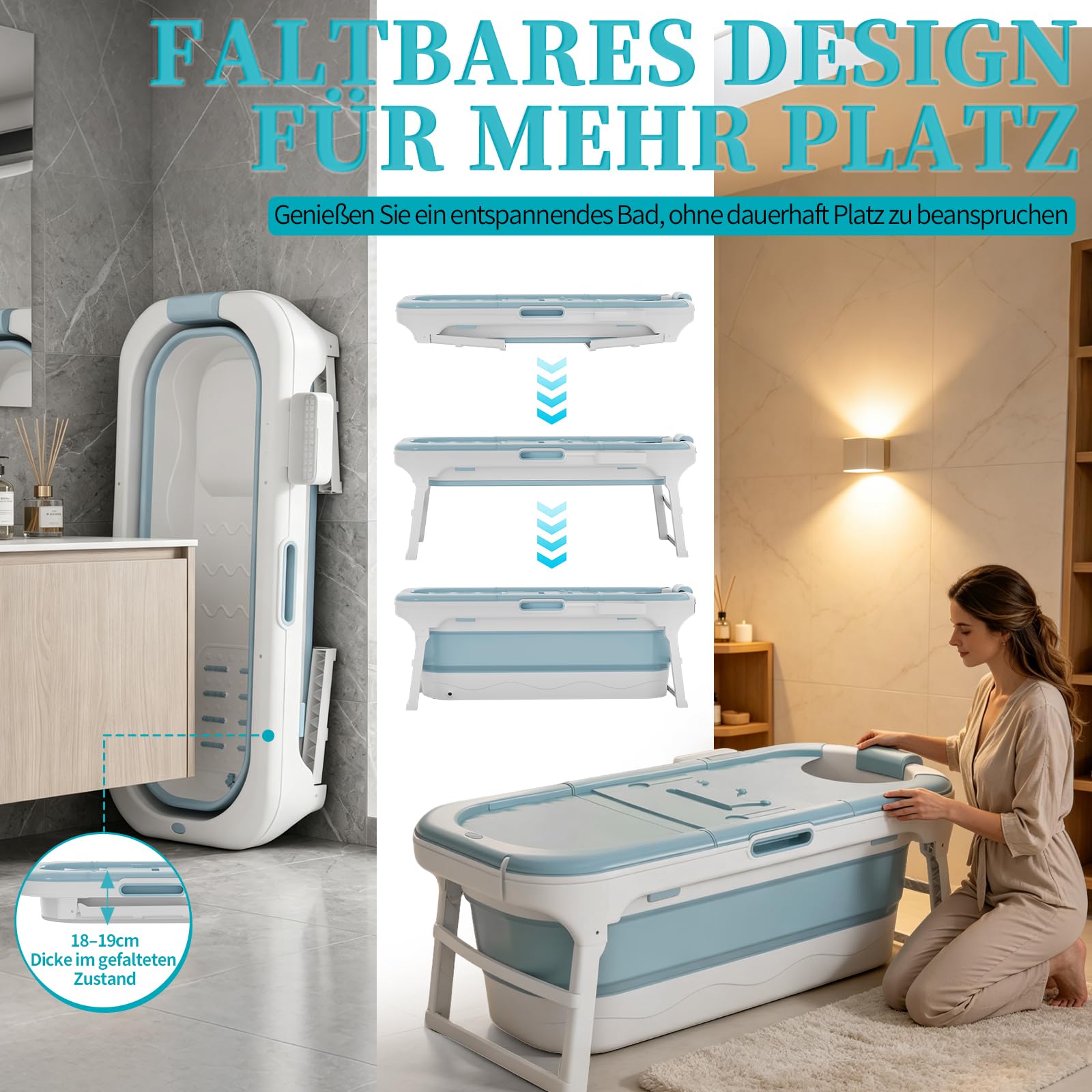LZQ Vasca da bagno pieghevole per adulti – mobile con copertura rimovibile, rullo massaggiante, scaffale per magazzino, PP+TPE, pieghevole, per bagno SPA, 148 x 62 x 53 cm, blu