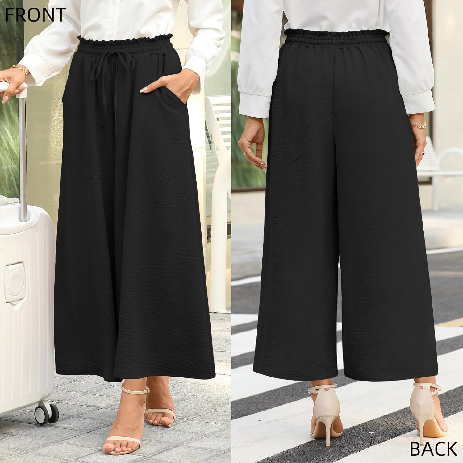 Bestbee Women's Wide Leg Palazzo Pants Dressy Casual Gaucho Pants Elastic Waist with Pockets - Image 5