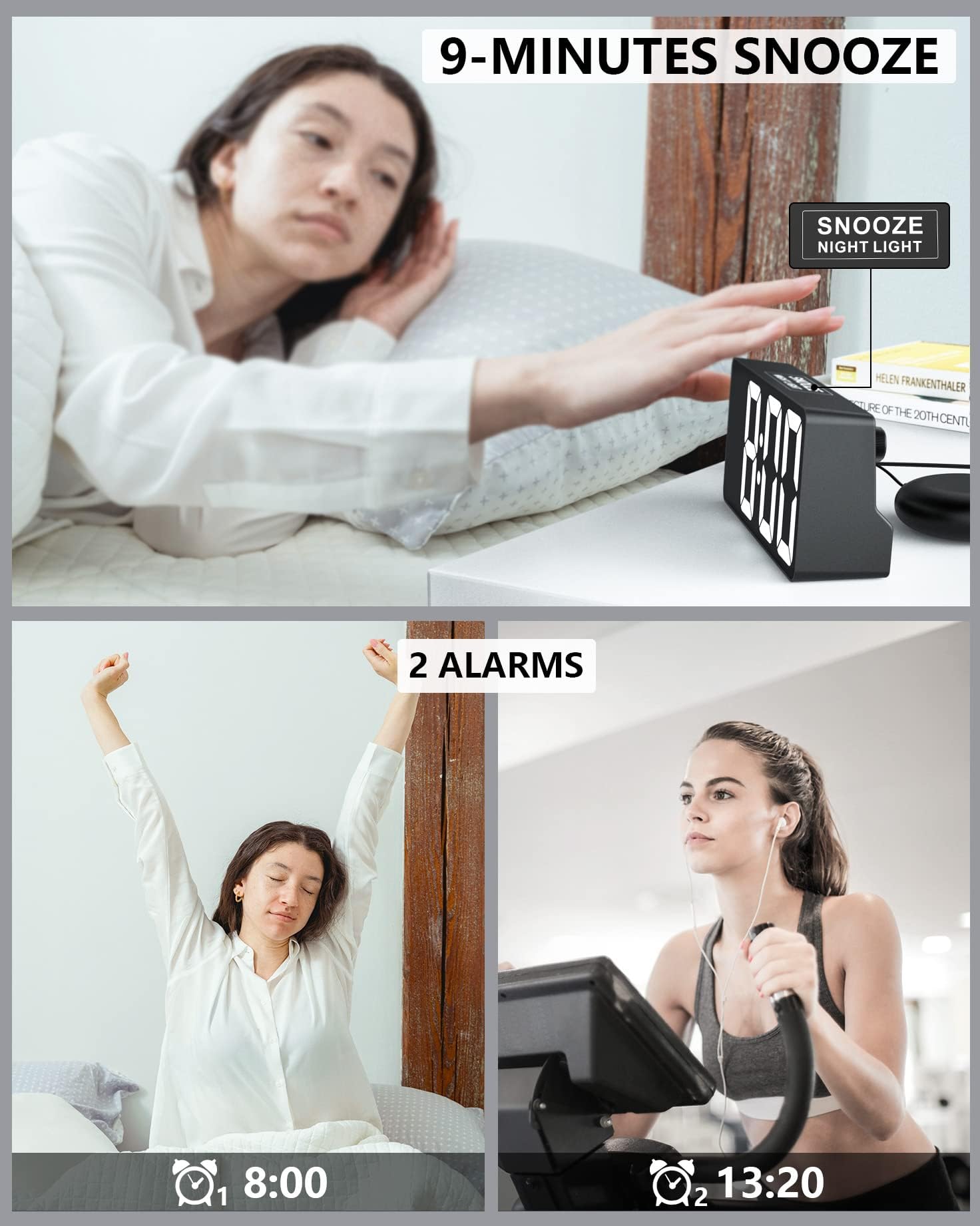 Mesqool Budzik z Wibracją, Budzik Wibracyjny dla osób śpiących, Niedosłyszących, Nastolatków, Podwójny budzik, duży Wyświetlacz, lampki nocne, ladowarka USB, ściemniacz, Drzemka | Duży cyfrowy budzik z funkcją ładowania i lampkami nocnymi, portem USB, jas