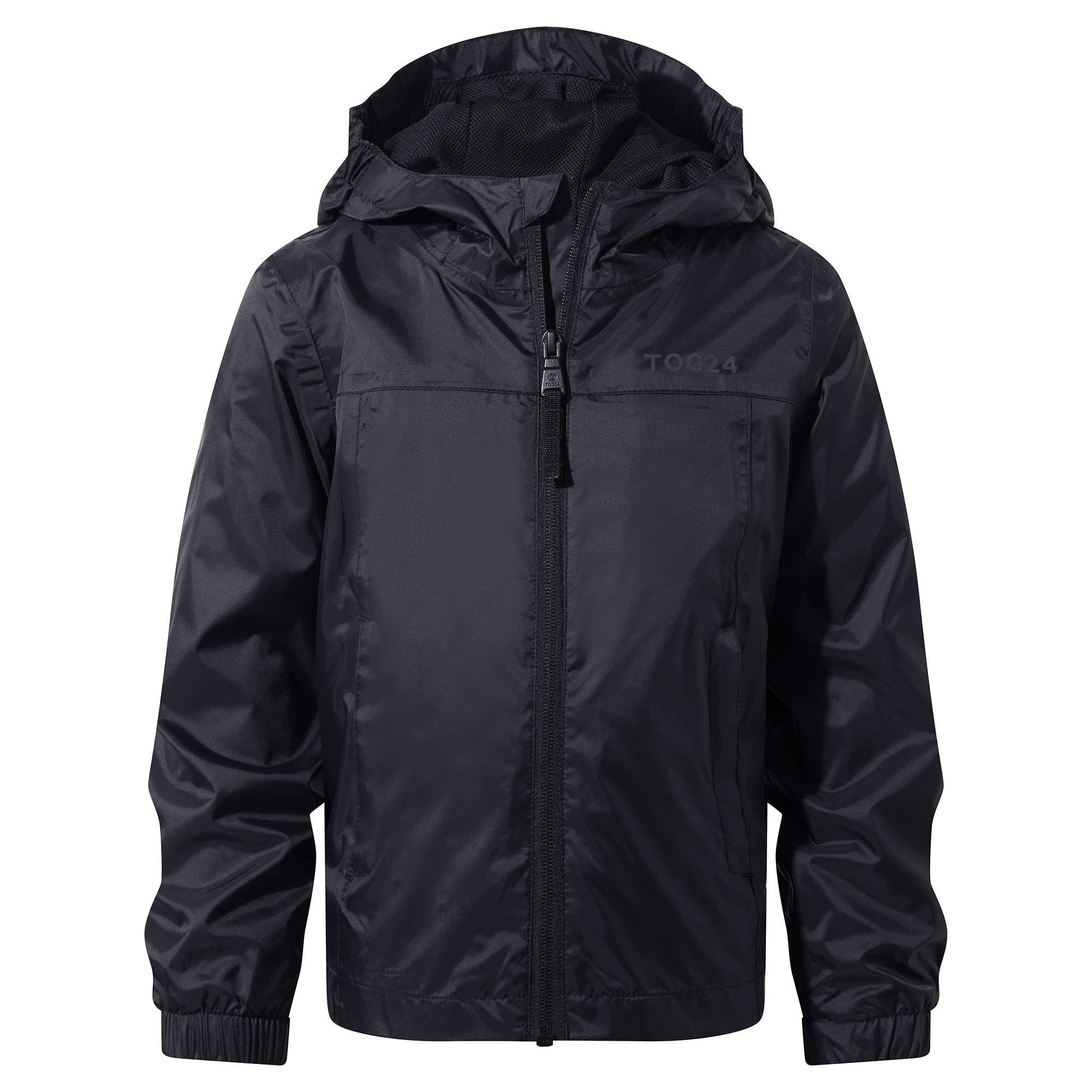 Tog24 Black Copley Kids Lightweight 100% Waterproof Jacket With Hood, 5K Waterproof Packaway Rain Jacket With Carry Bag, Windproof & Breathable, Ideal For School And General Outdoor Use