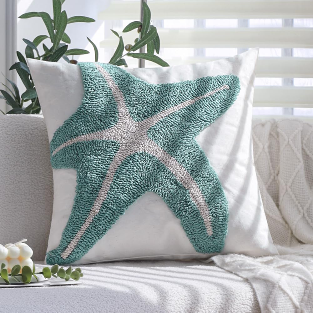 Tufted Starfish Throw Pillow Cover Set of 2, 18x18 Inch Beachy Coastal Decor Pillows for Couch Bed Sofa, Soft Canvas Decorative Pillow Covers with Ocean Theme Accent, Sea Star Tufting Pillowcases