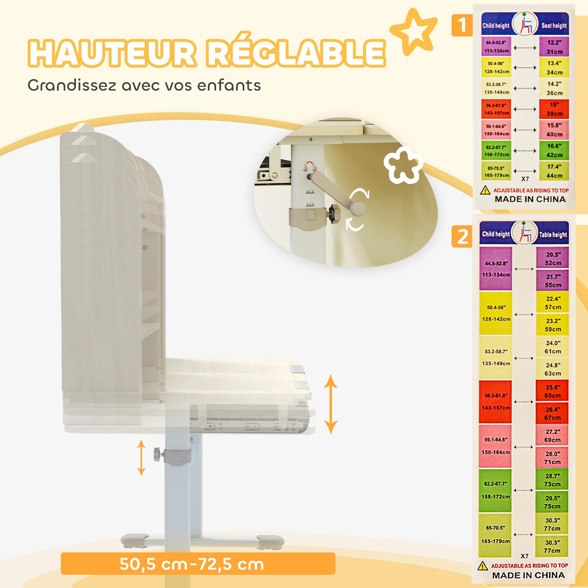AIYAPLAY Bureau pour Enfants, Table d'étude réglable en Hauteur avec Plateau inclinable, Rangement, Panneau perforé, 3-12 Ans, Naturel