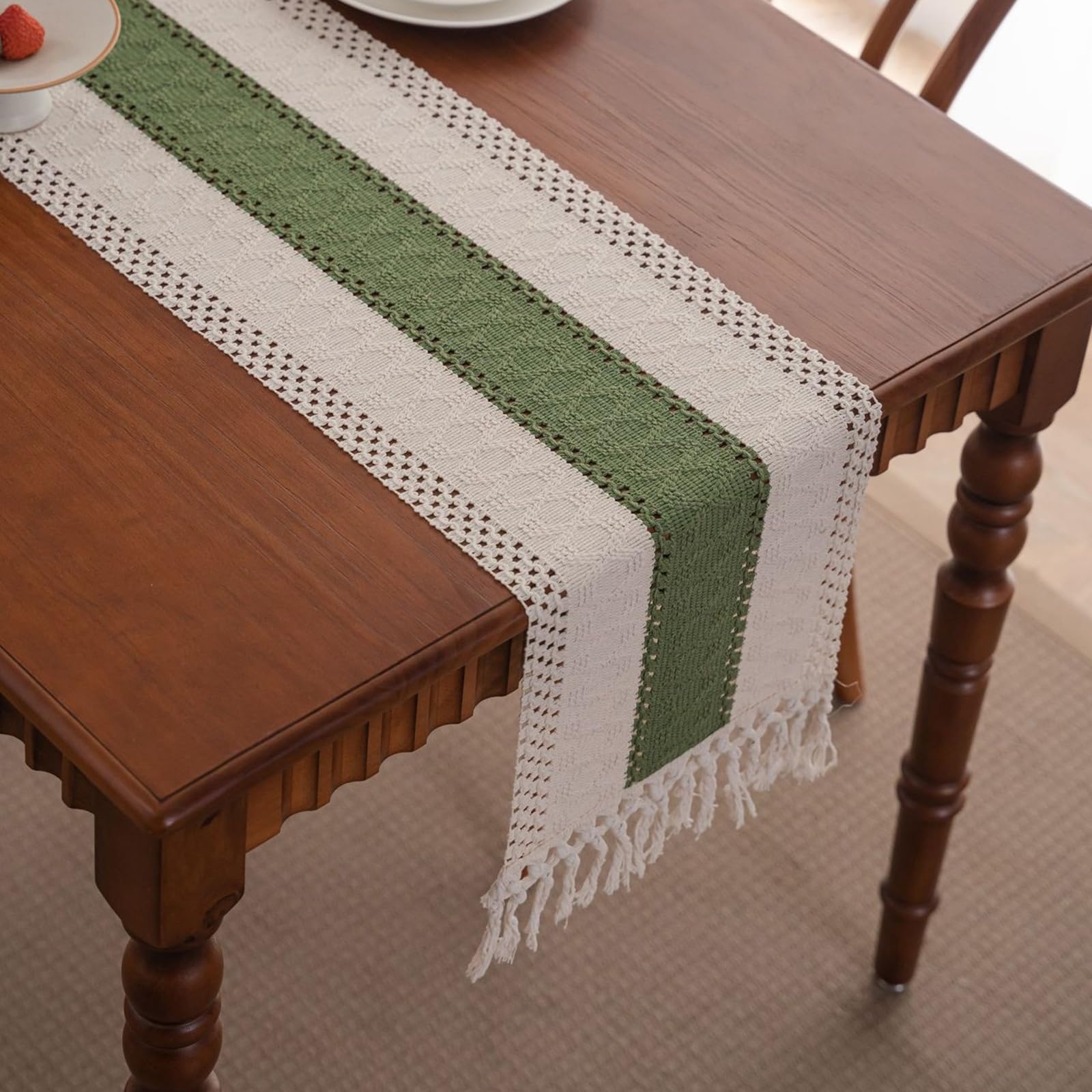 Tischläufer Polybaumwolle Modern, Tischläufer Wohnzimmer 33x220 cm, Zweifarbig Grüne Häkel mit Quasten