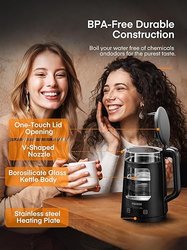 Miniatura 6 de FOHERE - Tetera eléctrica, 5 controles de temperatura, hervidor de vidrio de apertura amplia de 1.7 L, hervidor de agua rápido de 1500 W, apagado