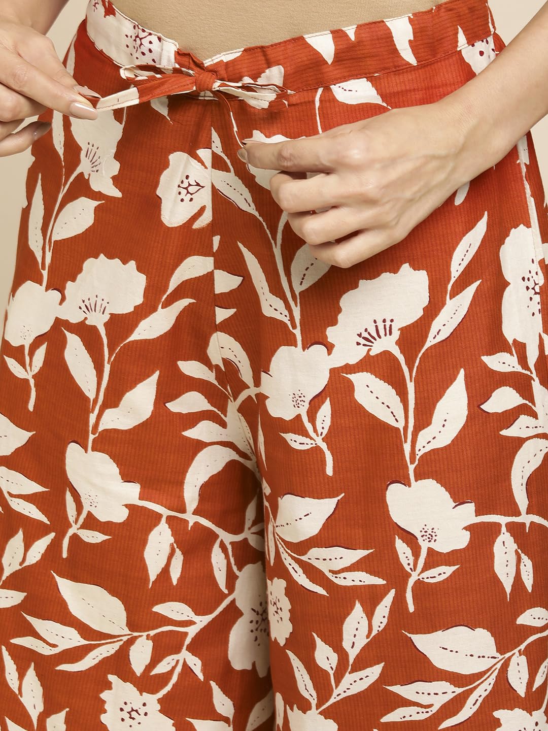 RATAN Women's Cotton Mid Rise Printed Loose Fit Flared Wide Leg Palazzo Pants (CFP-Rust-Large) - Image 4 thumbnail