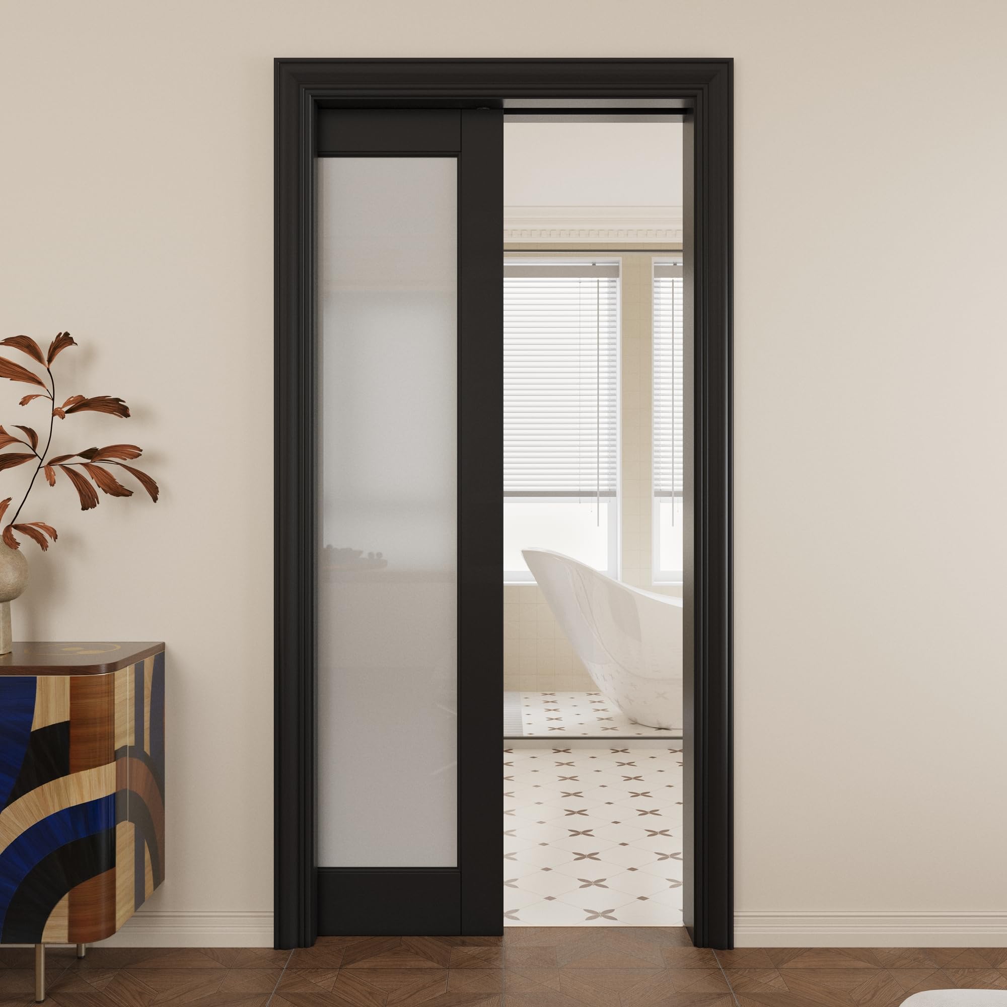 Double Pocket Door,Black Frosted Glass Doors,Solid Door,36x80