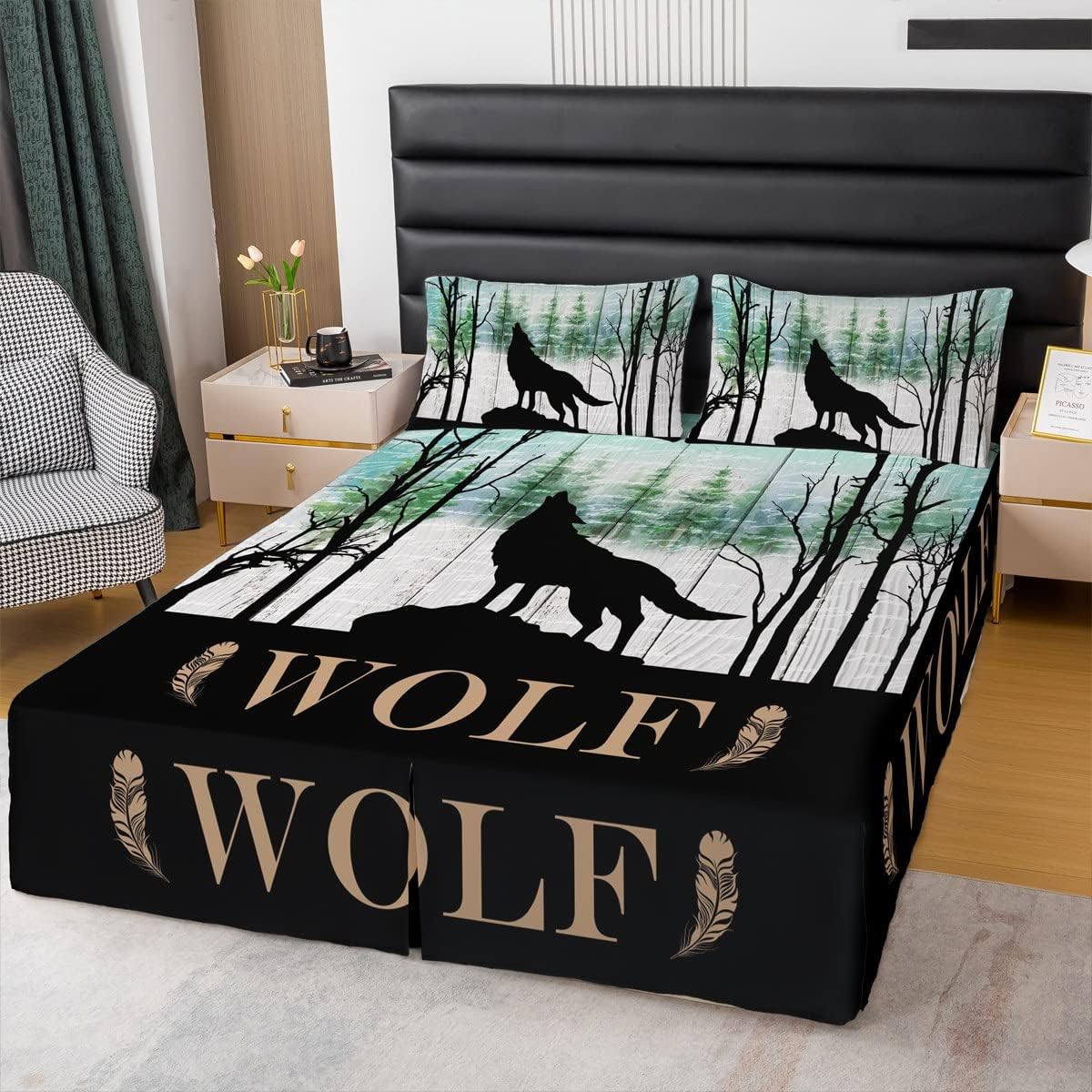 Rustic Lodge Kids Bed Skirt King Size,Bear Pine Trees Wild Animals Hunting Bedskirt,Boys Girls Adults Room Decor,Vintage Wooden Plank Bed Wrap Bedding,Farmhouse Fitted Sheet,2 Pillowcases