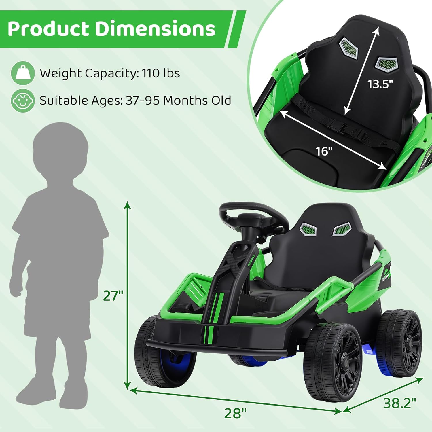 Costzon Electric Go Kart for Big Kids, 12V Ride on Race Toy Car w/Remote Control, LED Lights, 3 Speeds, 16" Wide Seat, Shock Absorbers, Horn & Music, Racing Kids Electric Kart for Boys & Girls (Green)