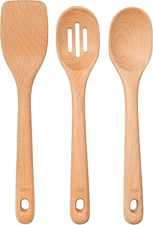 OXO Good Grips 3‑Piece Wooden Utensil Set, Solid Beachwood Spoon,