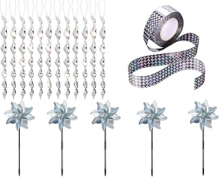 SONKENIR Bird Repellent Set, 5Pack-Bird Repellent Pinwheels, 12Pack-Bird Repellent Reflective Scare Rods, Bird Scare Tape 164ft Bird Repellent,to Prevent Birds from Protecting Windows and Gardens (A)