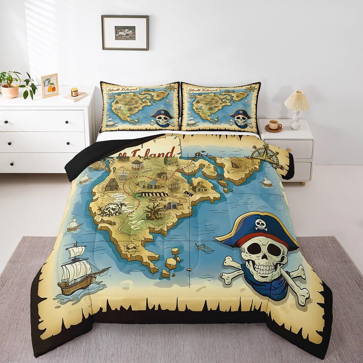 Feelyou Vintage Ocean Nautical Comforter Set for Kids Boys Teens Pirate Treasure Map Comforter Skull Island Bedding Set Sea Adventure Quilted Duvet Set Soft Lightweight Retro Decor Bedding Twin 2Pcs