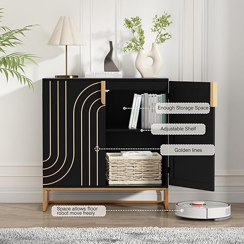 Miniatura 8 de HLR Accent - Armario de grano de madera con 2 puertas, aparador de almacenamiento con patas de metal dorado para sala de estar, entrada y cocina,