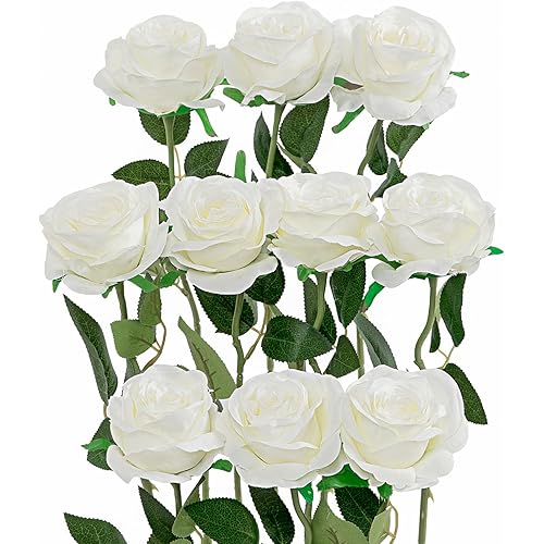 Luyue 10PCS Artificial Roses Flower with Stems Slik Fake Flowers Bouquet Realistic Long Stem Faux Rose for Wedding Home Decor