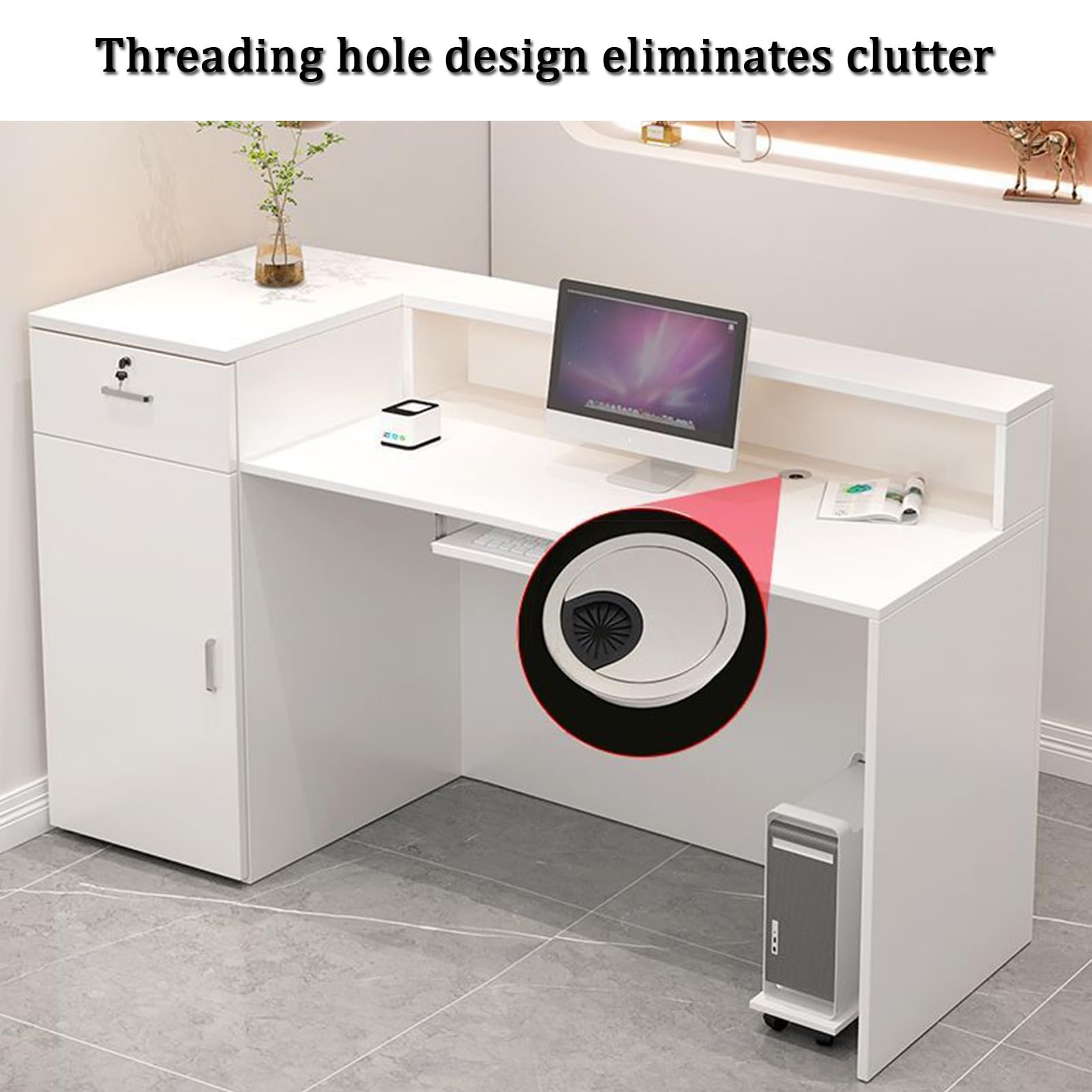 YVYKFZD Büro Empfangstheke Rezeption, Kleiner Rezeptionstheken mit abschließbaren Schubladen, stehender Empfangstresen, verkaufstheke multifunktionaler Verkaufstresentisch(White1 R,39.3"x17.7"x39.3")