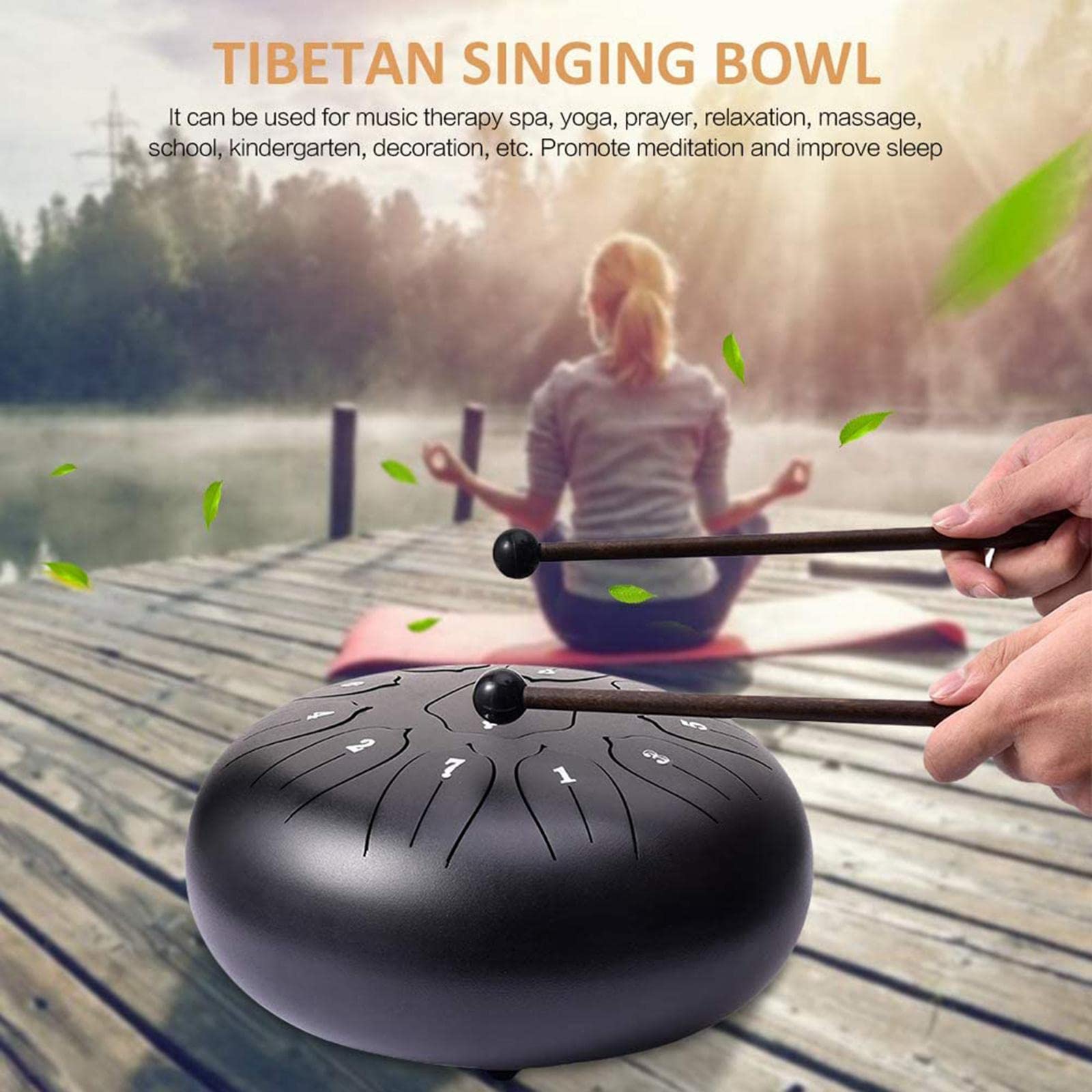 Tambor de Lengüeta de Acero con 11 Sonidos Instrumento de Percusión Educativo con Mazos Y Bolsa Material Antióxido Adecuado para Meditación, Negro