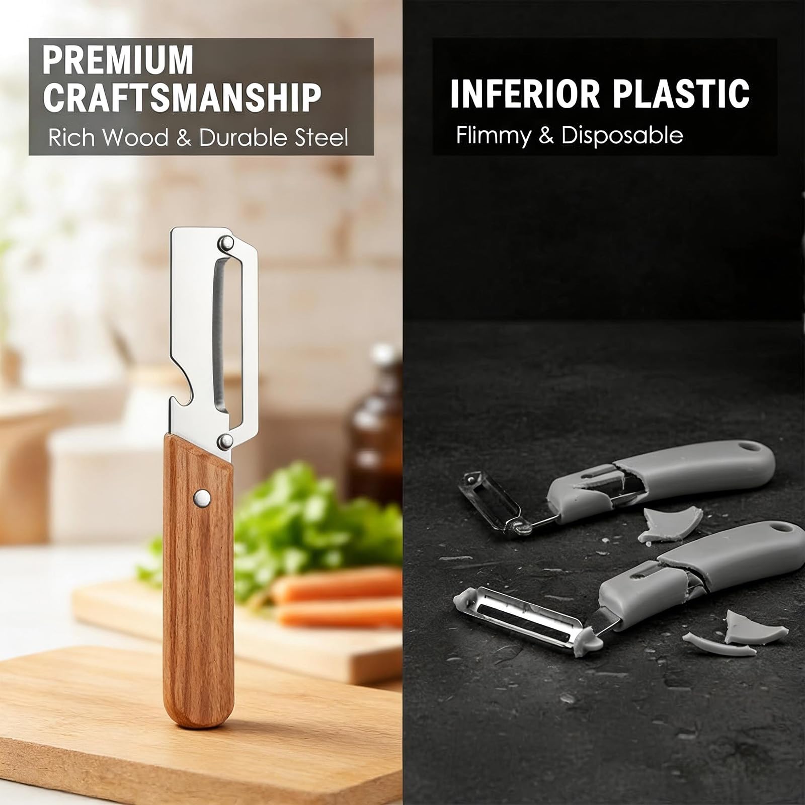 2-in-1 stainless steel vegetable peeler with wooden handle and bottle opener, stainless steel blade, non-slip kitchen fruit peeler（2pcs） - 5