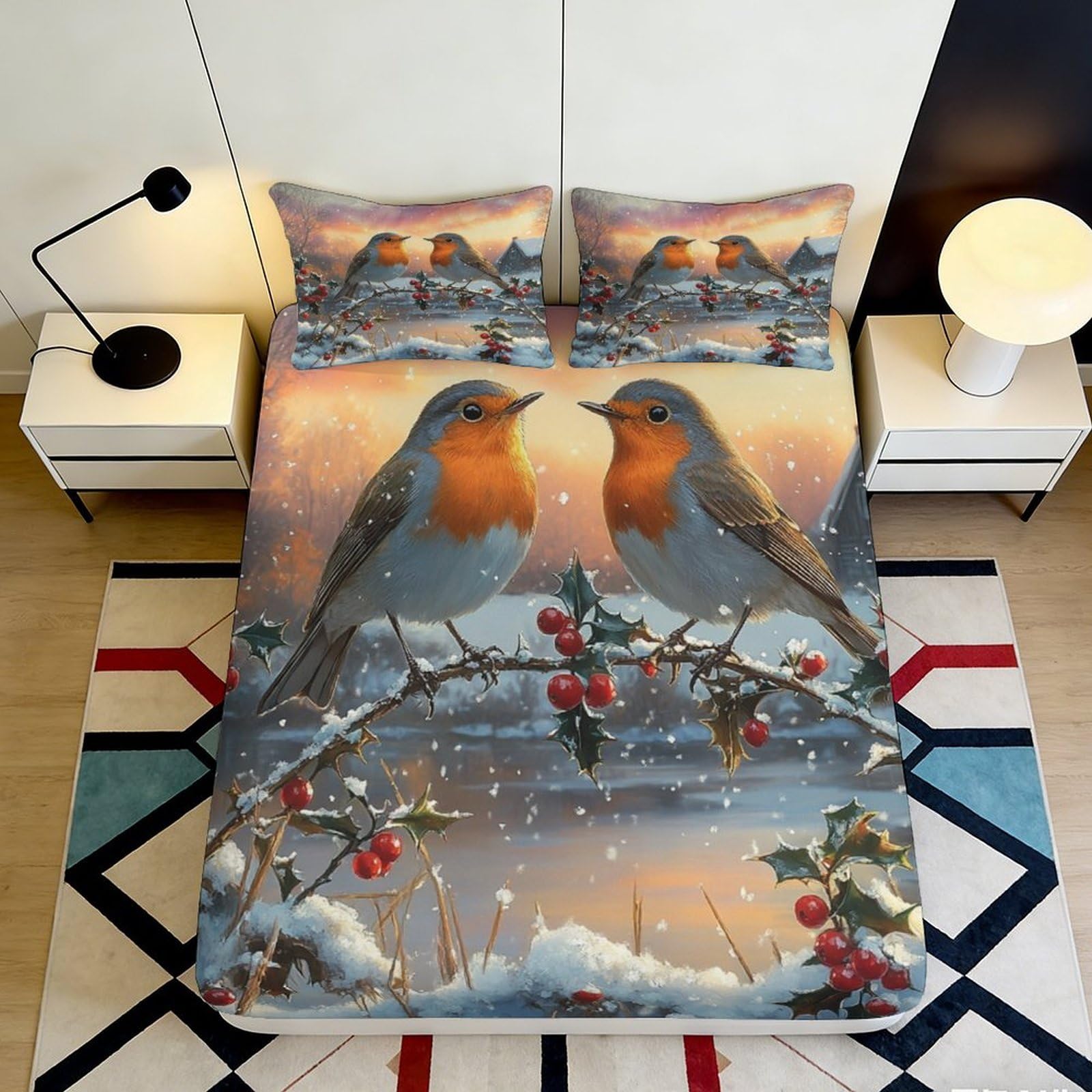 Pnayamiorkfel Style-2 3D Printed Winter Robin Fitted Sheet Microfiber Soft Artistic Bird Bed Cover For Bedroom Decor Protection 90X200x25cm