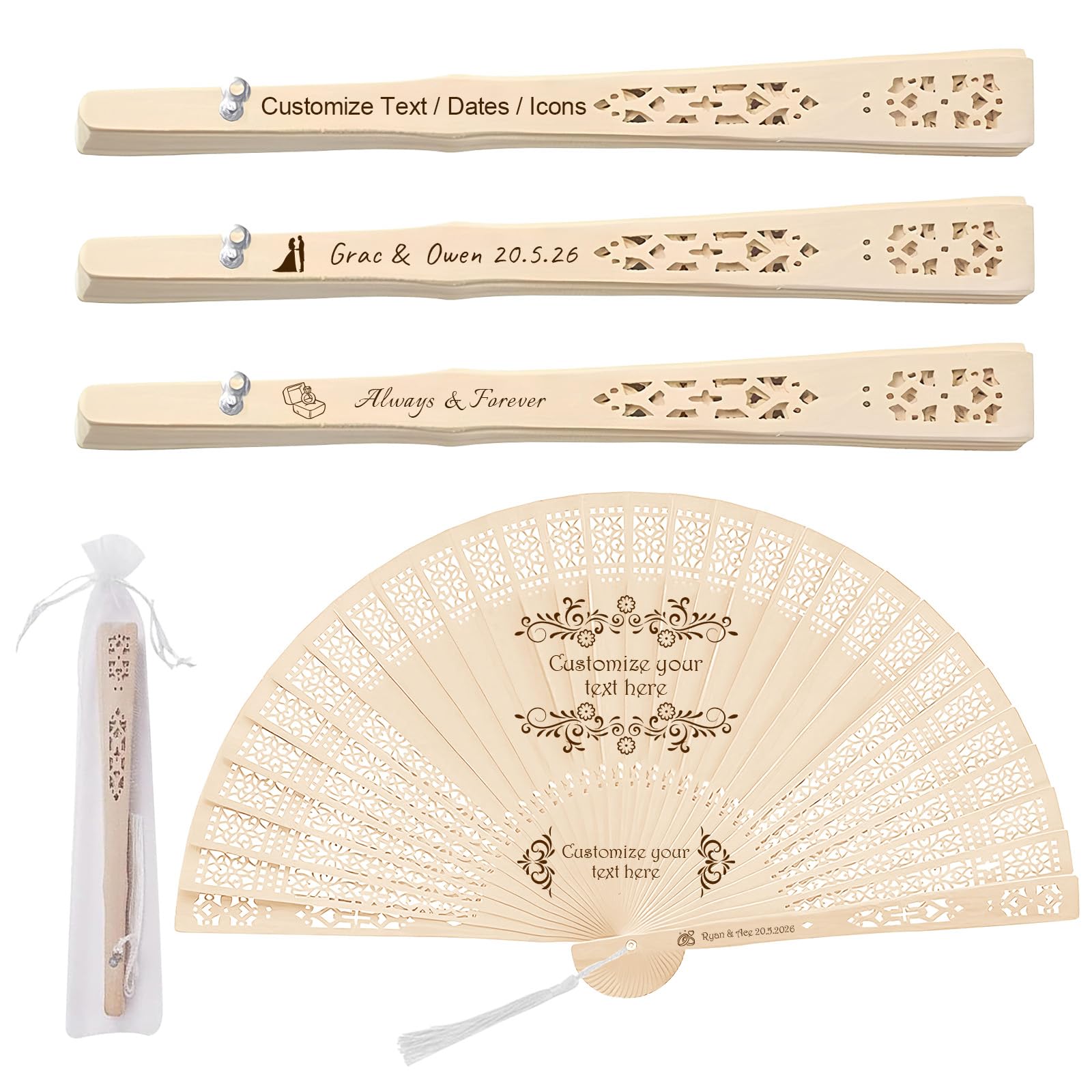 30 Stück Personalisierte Hochzeitsfächer für Gäste, individuelle Holz-Faltfächer mit Quaste und Organzabeutel, einzigartige Gastgeschenke für Hochzeiten (Hohler Holzfächer)