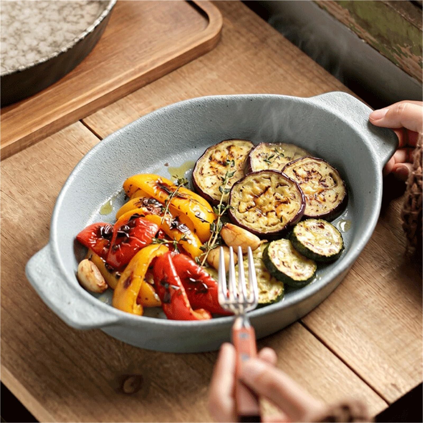 Platos de Hornear Fuente for Hornear de cerámica Gris con Asas y Manchas óxido Platos de Horno Lasaña
