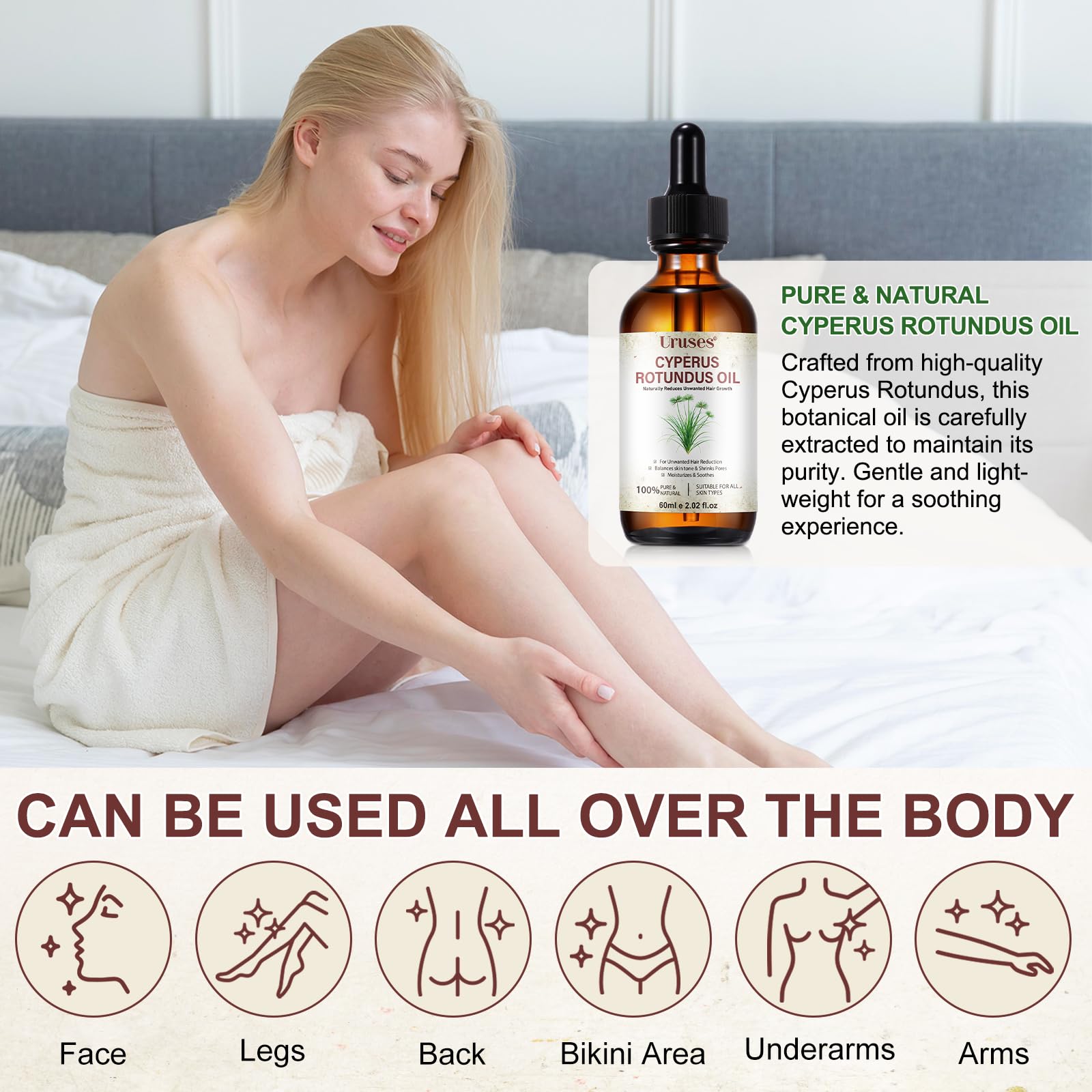 Huile Cyperus Rotundus, Huile Inhibitrice de Pilosité au Cyperus Rotundus 60ml | Réduit la Repousse, Répare la Peau & Resserre les Pores | 100% Naturelle, Vegan & Adaptée aux Peaux Sensibles