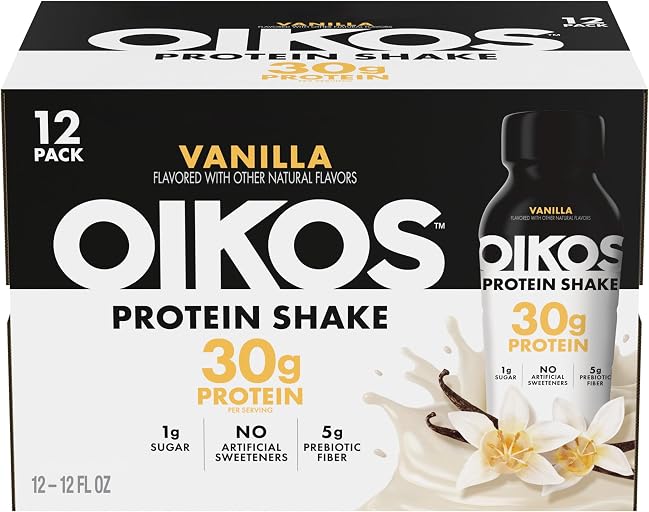 Oikos Protein Shake, Vanilla, 30g High Protein Drinks, Shelf Stable, Ready to Drink, 5g Prebiotic Fiber, 12 fl oz Bottle, 12 Count​