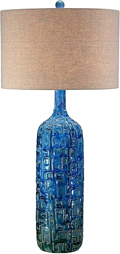 Miniatura 2 de Possini Euro Design Lámpara de mesa de estilo moderno de mediados de siglo, azulejos de cerámica, color verde azulado alto, tela de lino tostado,