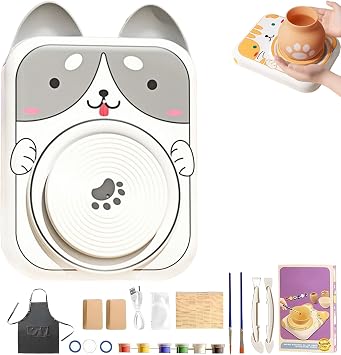 Cute Animal Pottery Wheel Set for Kids, DIY Pottery Painting Kit Arts and Crafts with Clay & Tools, Mini Pottery Studio Creative Gift for Boys Girls Ages 6-12 A