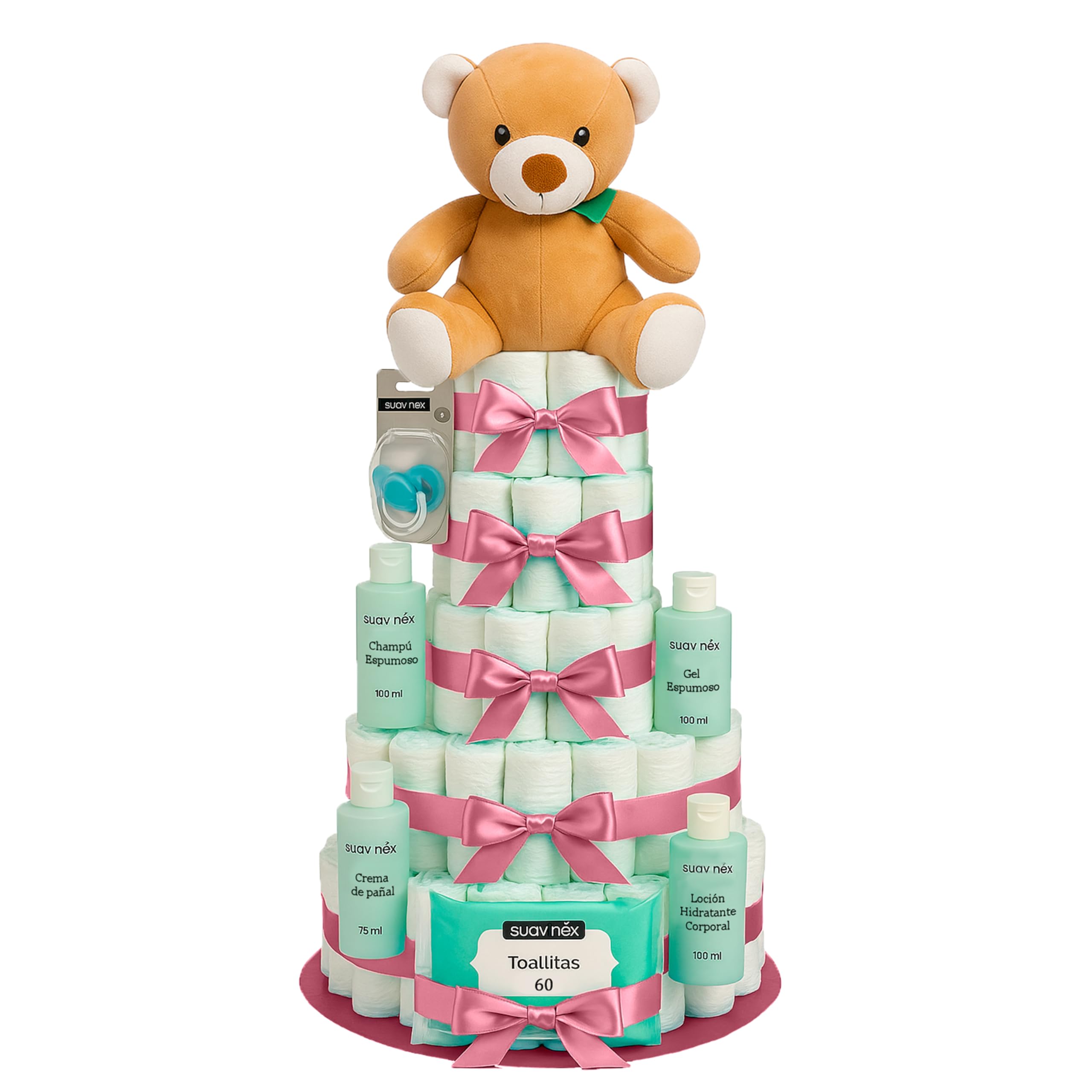 Tarta de Pañales Personalizable XXL Rosa Regalo Bebé Recién Nacido Niña Canastilla Bebe Recién Nacido. Chupete Gel Toallitas Loción Crema. Cesta Accesorios Bebe Recien Nacido Regalos Mamás Primerizas