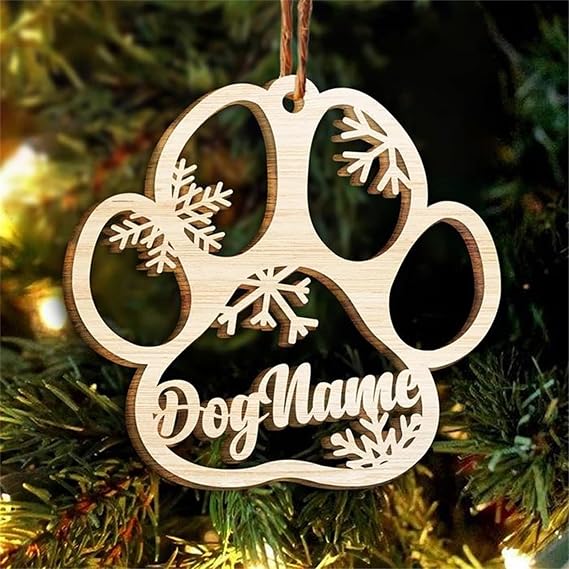 Personalized Christmas Custom Engraved Wood Ornament Custom Dog Paw Christmas Ornament, Laser Engraved Name, Angel Wings Wooden Ornament Pet Memorial Charm (B)