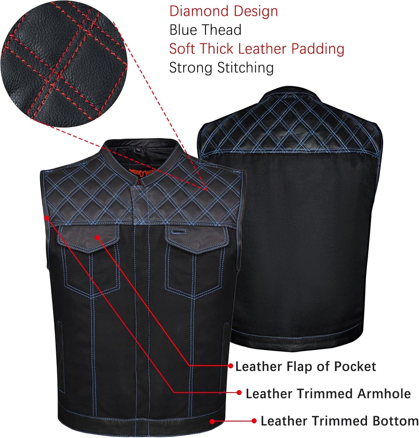 Dream Apparel Men's SOA Denim & Leather Motorcycle Vest for Riding w/ 2 Concealed Carry Pockets, Biker Vest Black Club Vest - Image 4