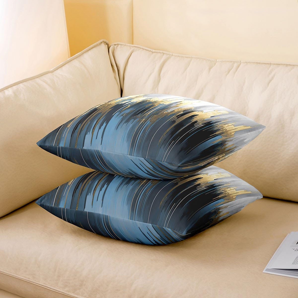 Erosebridal Set of 2 Abstract Art Pillow Covers Grey Gold Blue Grey Throw Pillow Covers, Stripe Cushion Covers 24x24 Inch Golden Metallic Sequins Tie Dye Luxurious Modern Cushion Cases