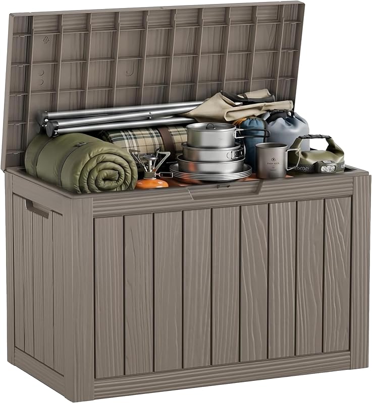 60 Gal Outdoor Storage Box Waterproof Lockable Resin Deck Box | UV-resistant storage bench for patio cushions, pool accessories, garden tools