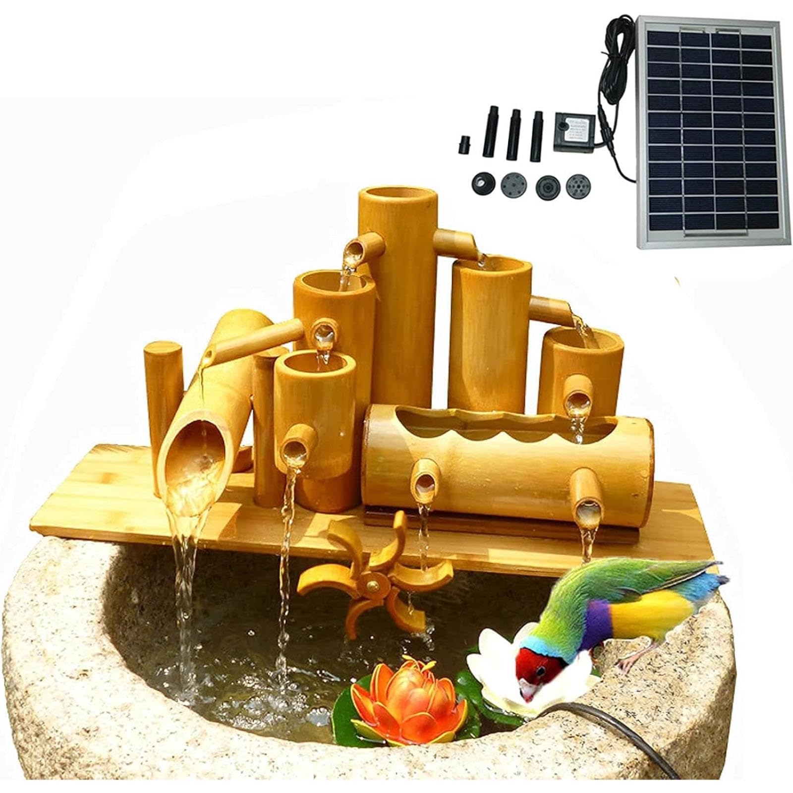 asdchZen Solar Bamboo Fountain Kit With Pump, Natural Bamboo Water Feature, Zen Garden Water Fountain, Feng Shui Bamboo Ornament, Flowing Water Decoration, For Fish Tank, Backyard,15.7in