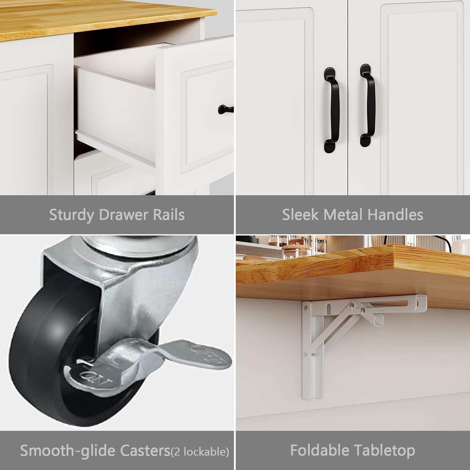 4 EVER WINNER Kitchen Island with Storage on Wheels, Rolling Kitchen Island with Spice Rack & Towel Rack, Portable Island Table for Kitchen, White