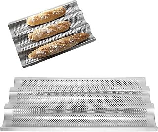Agatige French Baguette Bread Pan, 3 Grooves Perforated Pans Nonstick Stainless Steel Bread Loaf Bakers Rack Baking Tray Perforated Loaf Pans for Kitchen